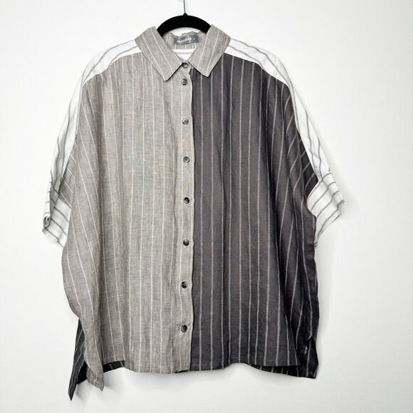 Alembika Linen Constrast Stripe Button Down Short Sleeve Oversized Shirt XS - Picture 1 of 8